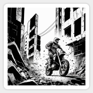 Dirt bike city ruin - black and white Sticker